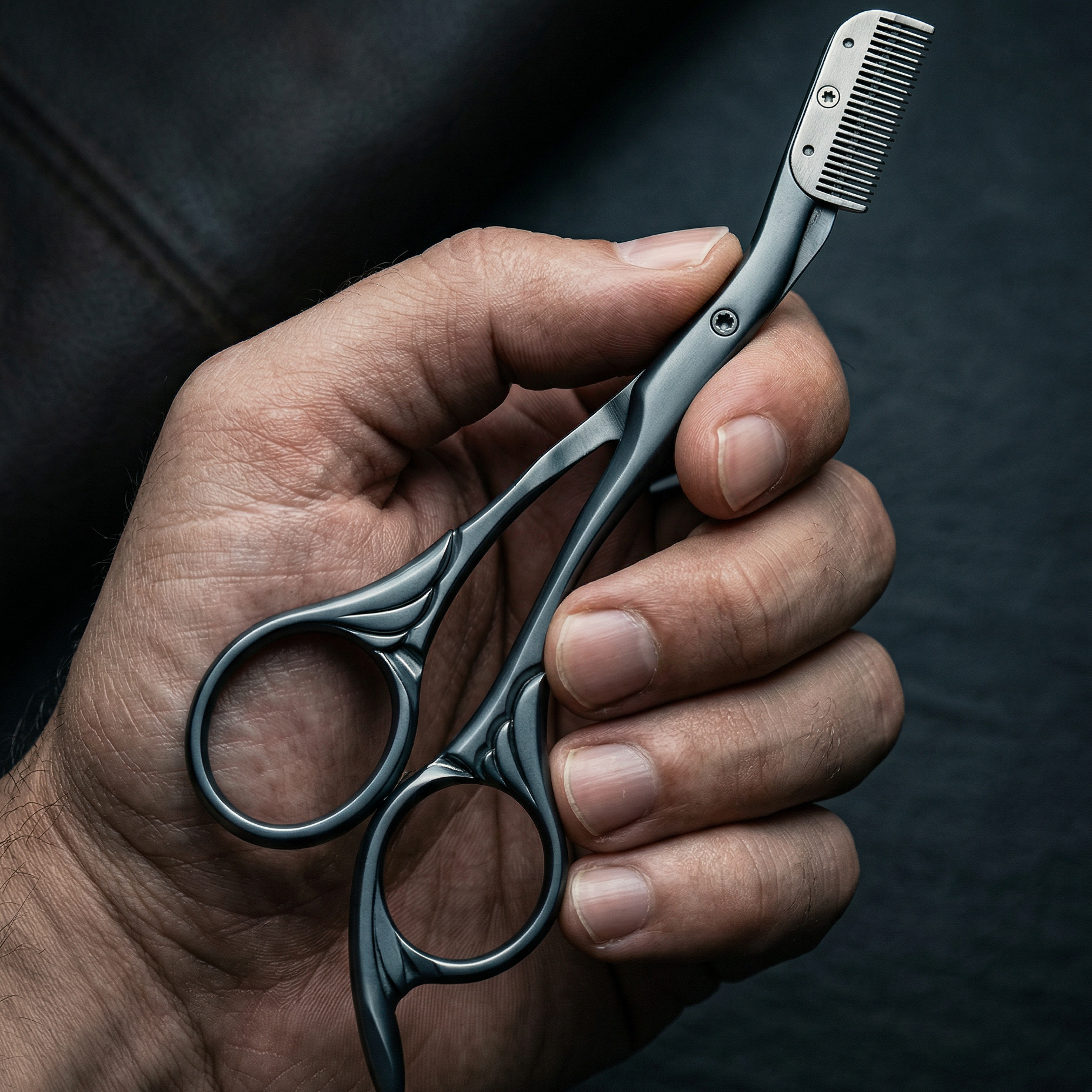 Hand holding a pair of eyebrow scissors with a comb against a dark background