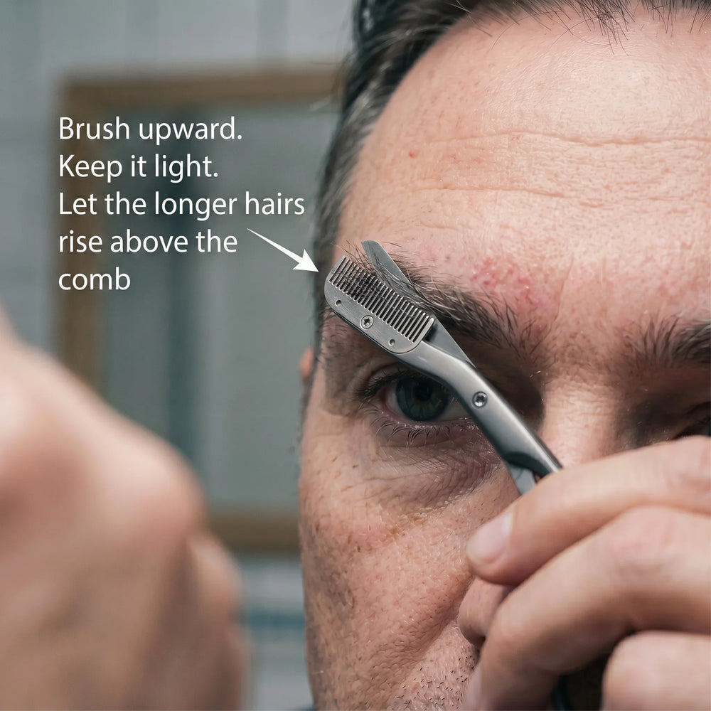 Brush upward and keep it light. You are not pressing into the brow. You are lifting the longer hairs so they rise above the comb.