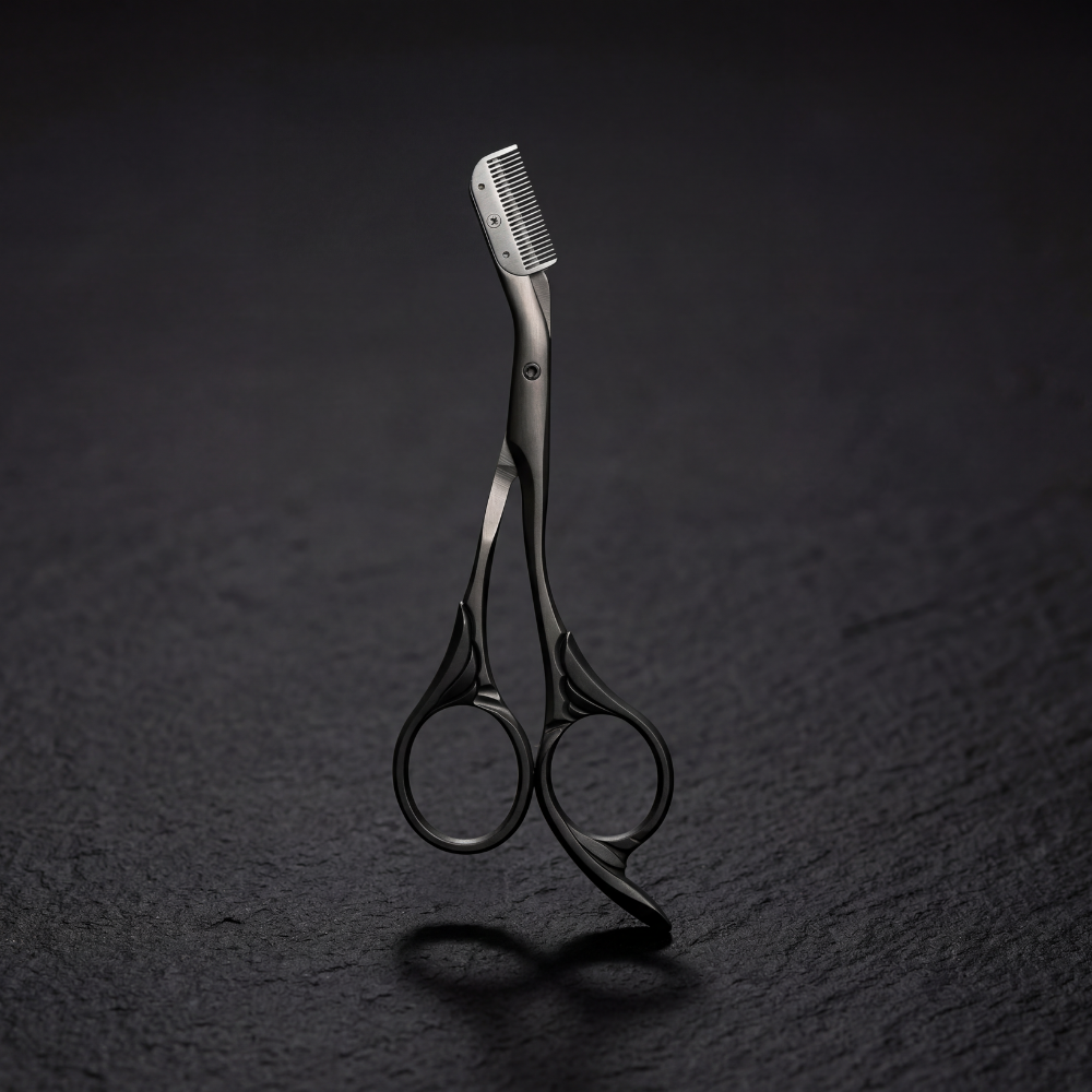 Pair of brow scissors with a comb on a dark textured background