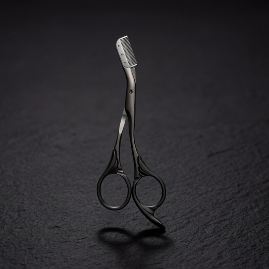 Pair of brow scissors with a comb on a dark textured background