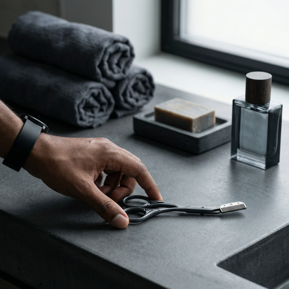 Hand reaching for a pair of brow scissors with a comb on a gray surface with towels and soap in the background.