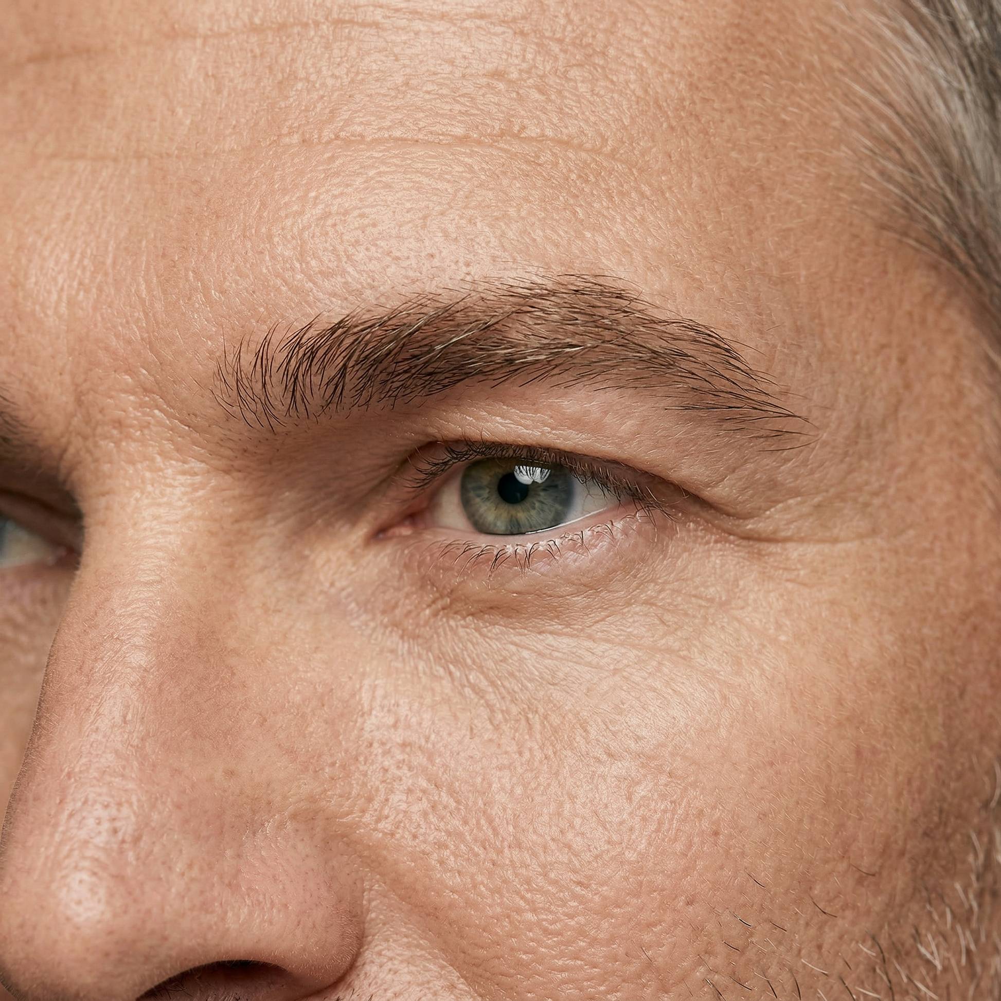 Close-up of a person's eyebrows with detailed skin texture